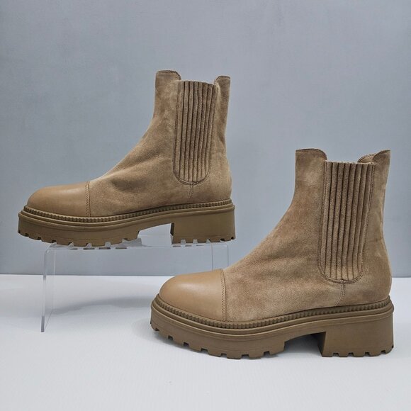 Marc Fisher LTD Hadria Ankle Boot Womens 8 Natural Tan Suede Chelsea Cap Toe - Picture 2 of 14